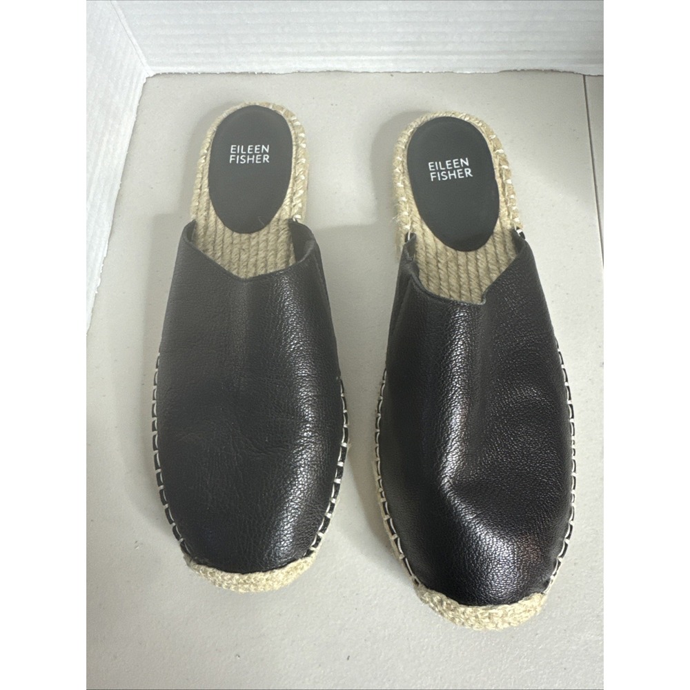 Eileen Fisher Kai Tumbled Leather Black Espadrille Size 9.5 Excellent